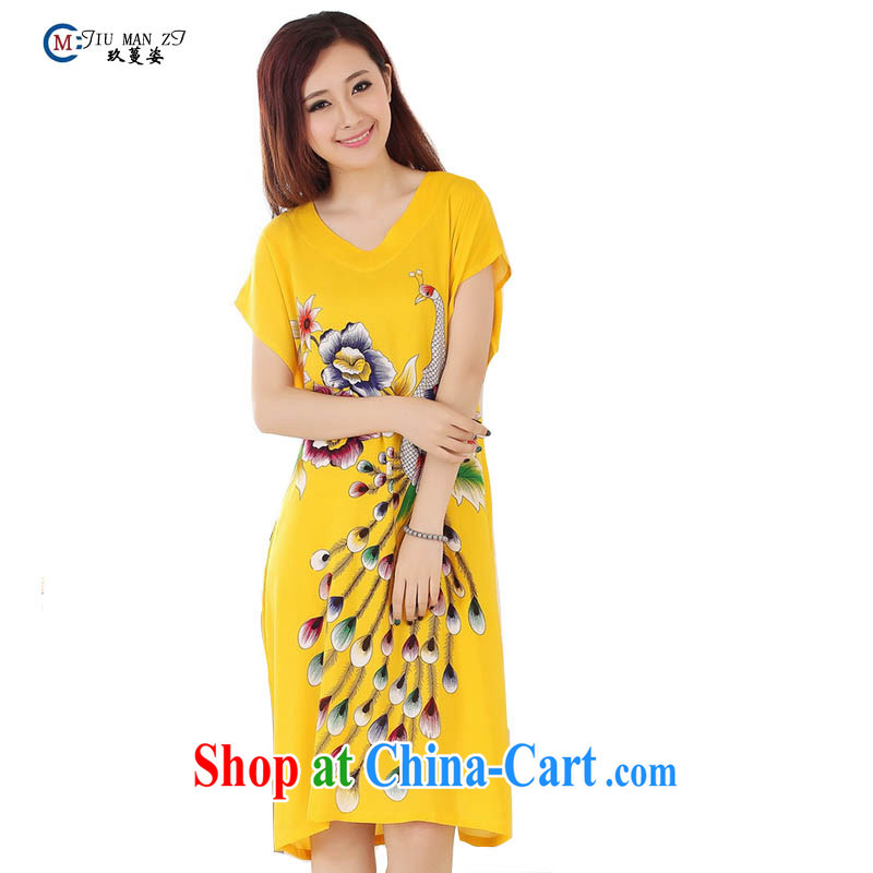 Capital city sprawl 2015 spring and summer new stylish cotton noble Phoenix round-collar short-sleeve style has been and comfortable sleeping skirt S 0114 yellow are code