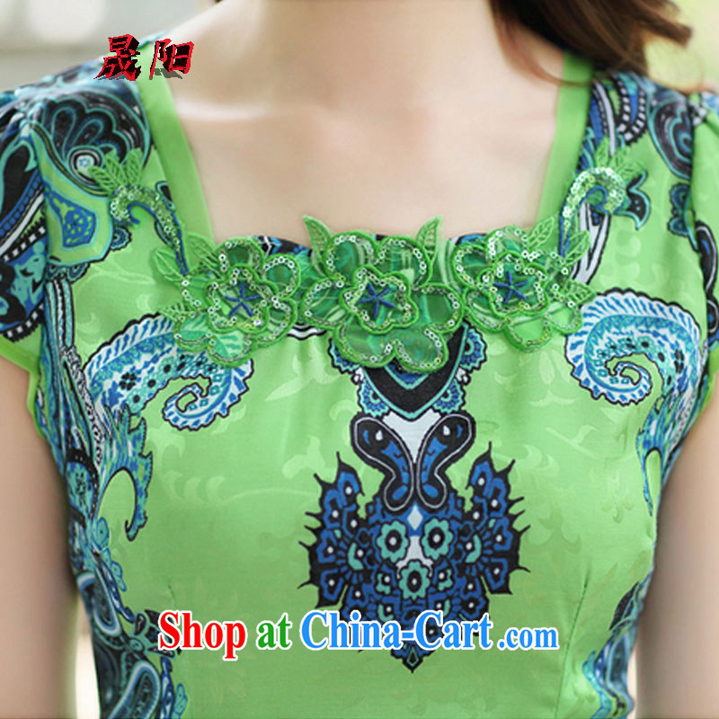 Sung Yang 2014 new summer OL commuter cotton fine antique stamp short sleeve Party Style girls clothing China wind flag green XXL, Sung-yang (shengyang), shopping on the Internet