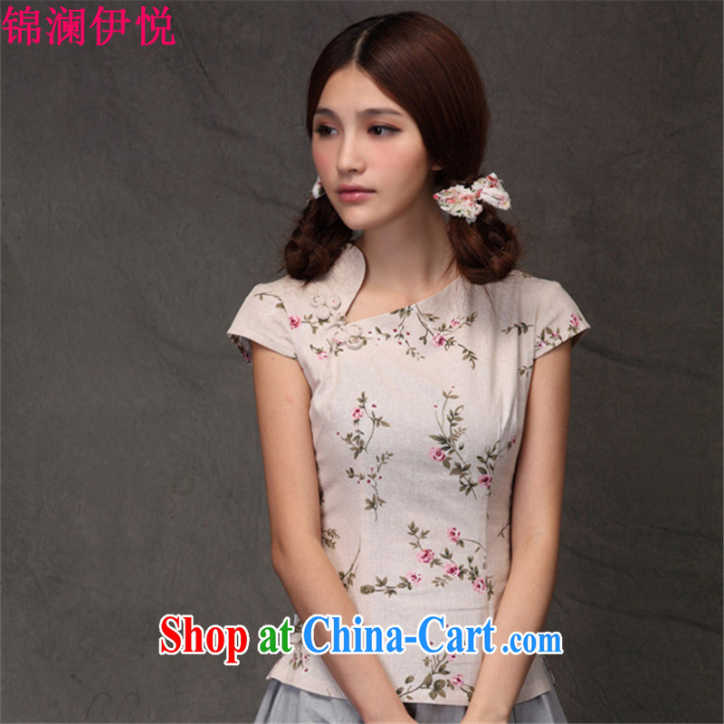 Kam-world the Hyatt 2015 summer new women with small floral ethnic wind-buckle cotton the arts van retro ethnic wind cheongsam shirt cultivating short-sleeved T shirts small shirts forgetting D. Crescent collar S