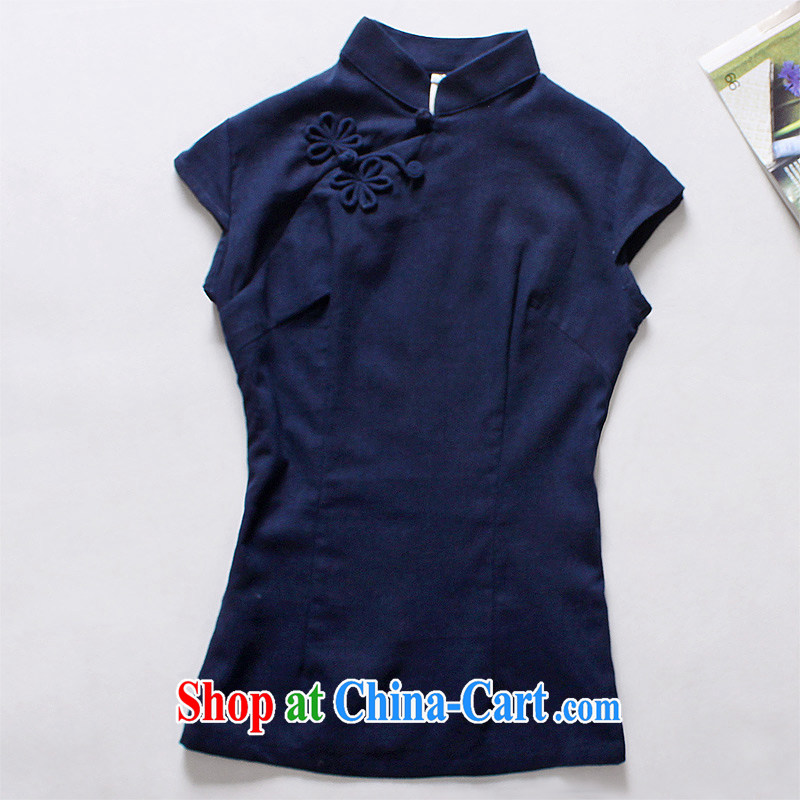 Light of summer 2014 new girls cotton the cheongsam shirt Chinese Han-chinese linen arts ethnic wind dark blue L