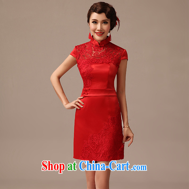 2015 new bows dresses short red stylish improved cultivation marriages short cheongsam dress red XL