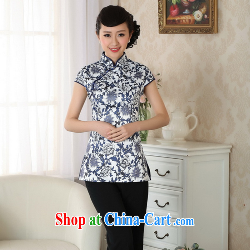 Take the 2014 new summer outfit, Ms. T-shirt Chinese Antique ethnic wind female Chinese detained the blue and white porcelain short-sleeved white orchids 2 XL