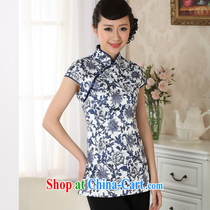 Take the 2014 new summer outfit, Ms. T-shirt Chinese Antique ethnic wind female Tang on the buckle blue and white porcelain short-sleeved white orchids 2 XL, spend figure, and shopping on the Internet