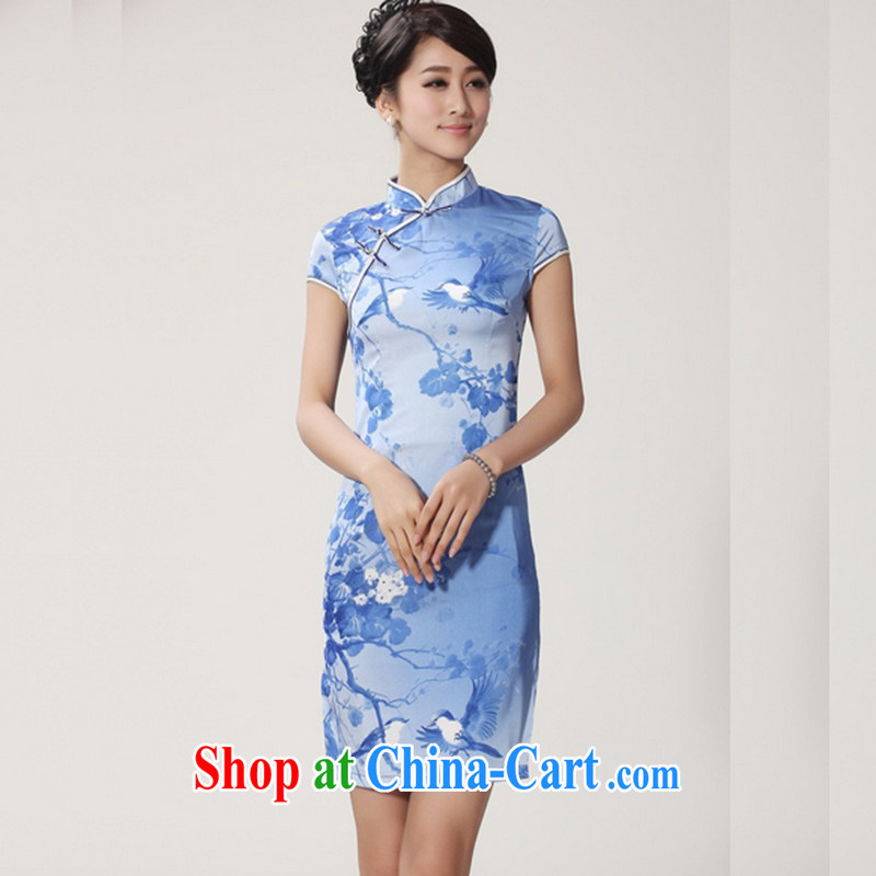 Take the 2014 new summer Stylish retro, for hand-painted a tight short-sleeved Chinese improved cheongsam - 4 sky blue 2 XL, flowers, and, shopping on the Internet