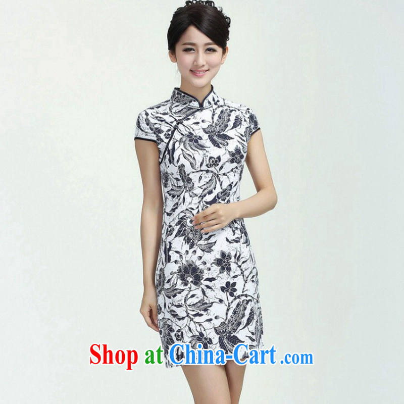 Take the 2014 new summer improved Chinese lady, who relish elegant stamp linen cotton Chinese traditional style short-sleeves, dresses - 2 blue feathers dancing 2 XL