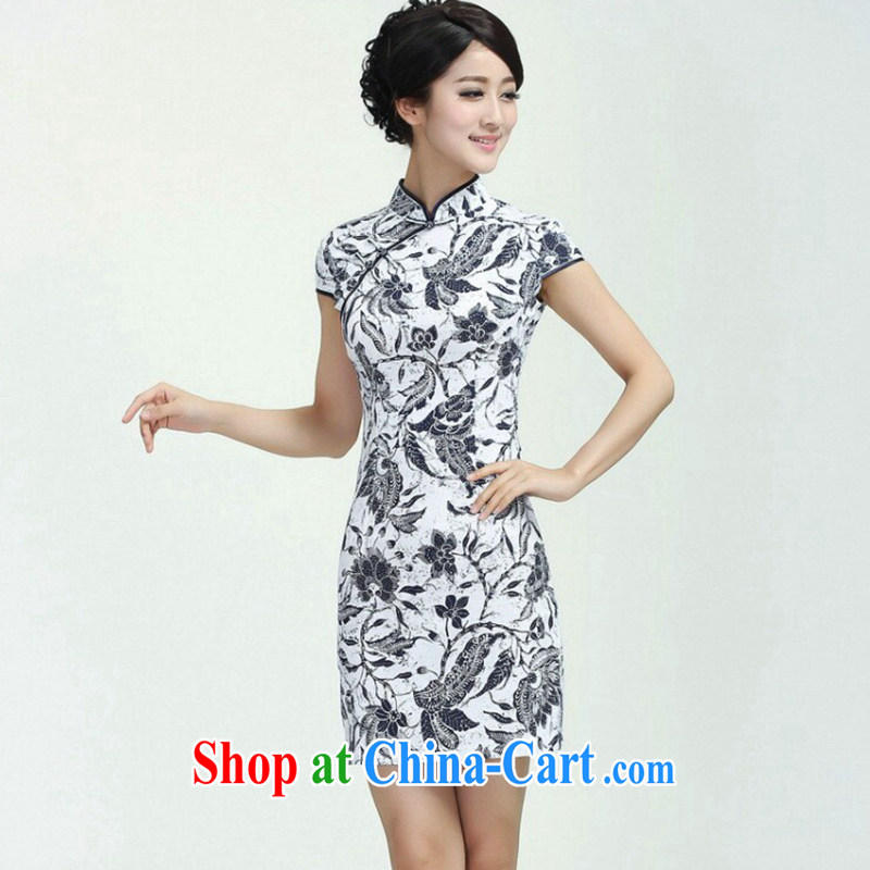 Take the 2014 new summer improved Chinese female, for elegance and elegant stamp duty cotton linen Chinese traditional style short-sleeved, qipao - 2 blue feathers dancing 2 XL, spend figure, shopping on the Internet