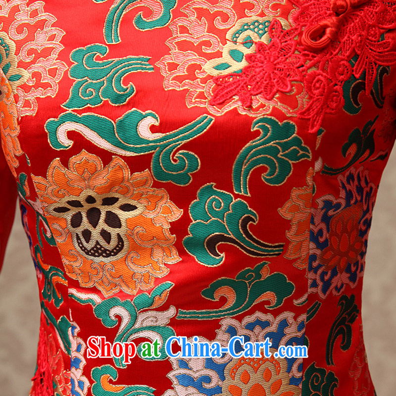 Rain is still clothing wedding dress toast clothing snow woven Chinese red long-sleeved long bridal advanced Brocade round ends improved cheongsam QP 487 red XL, rain is clothing, and shopping on the Internet