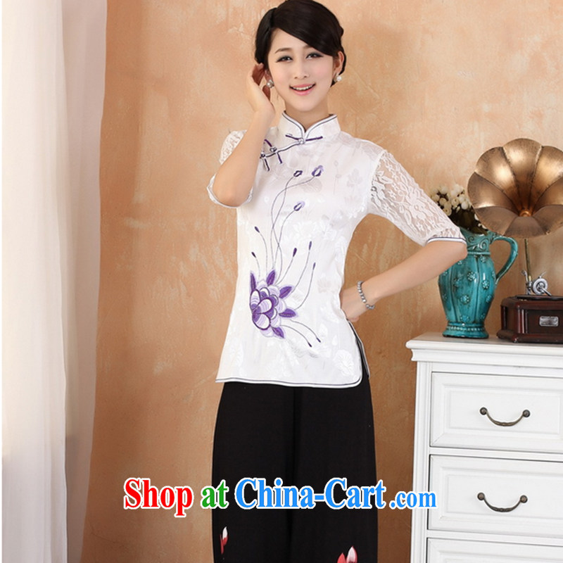 Take the 2014 summer new Chinese qipao dress improved Tang on the collar is a tight T-shirt embroidered cuff in 2339 white XL, figure, and shopping on the Internet