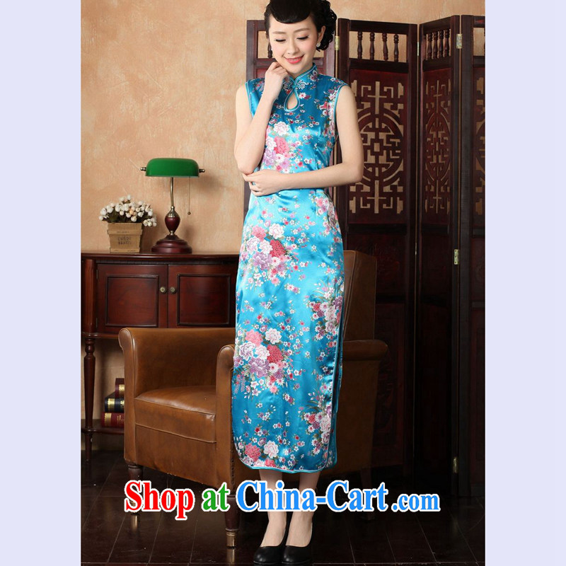 Take the 2014 summer new female Chinese improved, for cotton hand-painted antique stamp long cheongsam J 146 5110 Lake blue 2 XL, figure, and shopping on the Internet