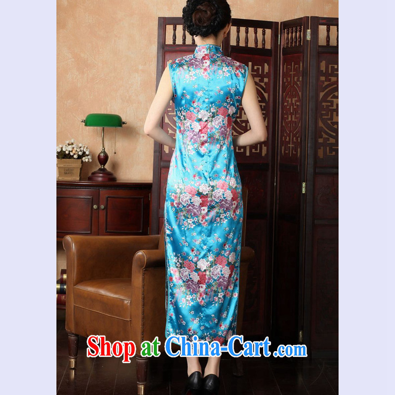 Take the 2014 summer new female Chinese improved, for cotton hand-painted antique stamp long cheongsam J 146 5110 Lake blue 2 XL, figure, and shopping on the Internet