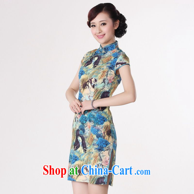 An Jing Jing contributed dresses summer improved retro dresses, for a tight silk hand-painted Chinese improved cheongsam dress short 0196 blue 2 XL (120 - 130 ) jack, an Jing, shopping on the Internet