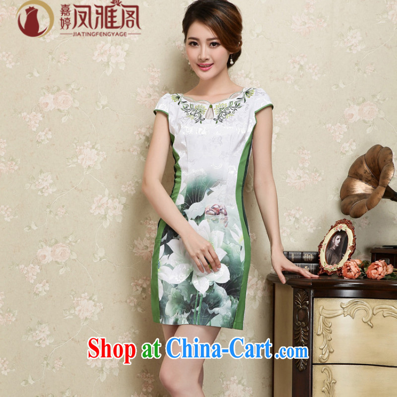 world, the Hyatt Regency Hotel clothing summer restaurant in restaurant uniforms Chinese improved courtesy embroidery Waves the root yarn laces Lotus short cheongsam blue and white porcelain Chinese green L, Kam world, Yue, and shopping on the Internet