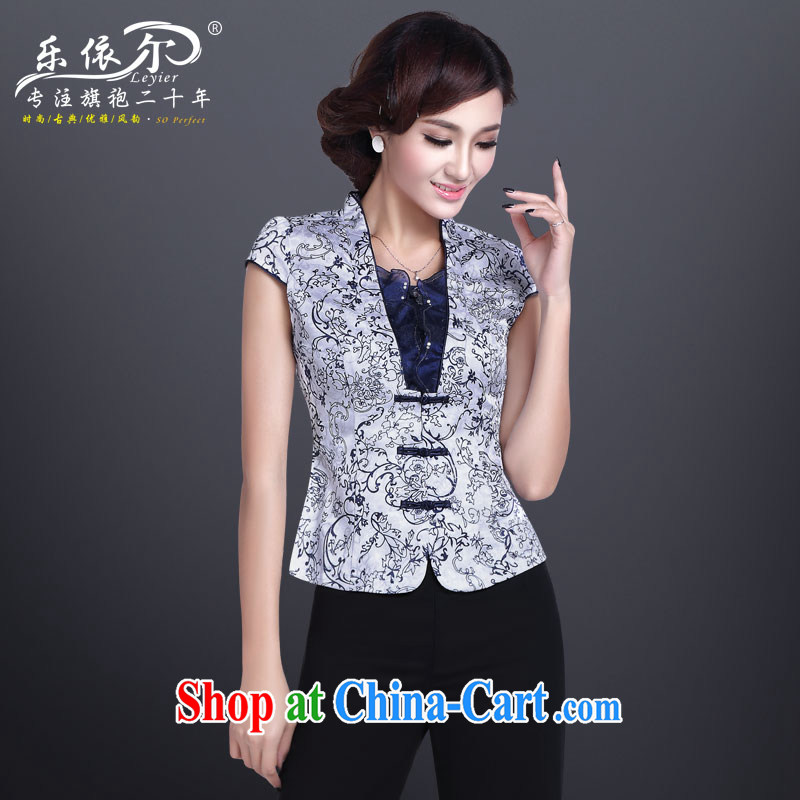 And, in accordance with new, blue and white porcelain cheongsam Kit female-cultivating graphics thin elegant daily improved cheongsam short T-shirt, blue T-shirt + pants L, in accordance with (leyier), shopping on the Internet