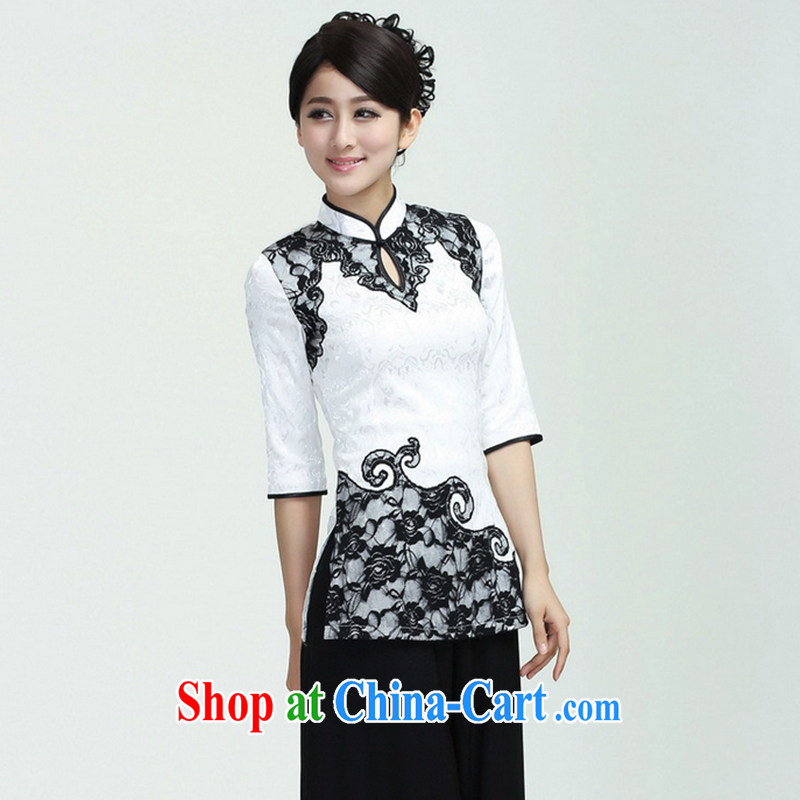 Take the new summer Women's clothes Chinese Chinese refined and elegant elegant, for Lace Embroidery, qipao cuff T-shirt white 3XL, figure, and shopping on the Internet