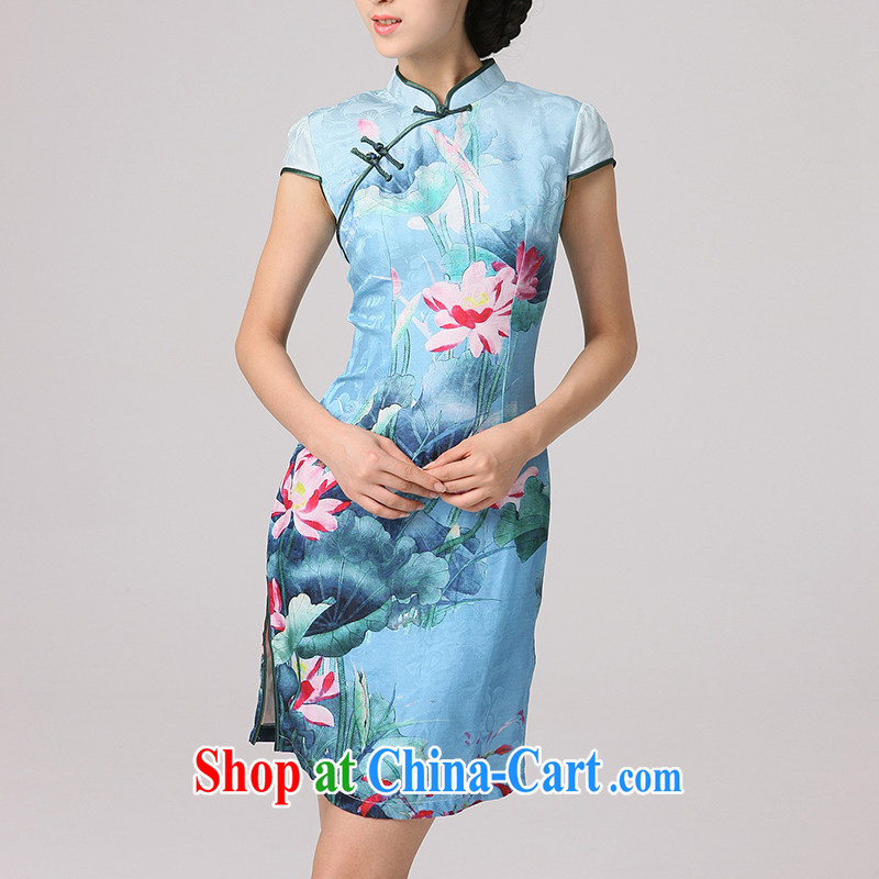 2014 qipao cheongsam embroidered Lotus and improved stylish graphics thin short-sleeved qipao cheongsam dress sauna silk blue XXL