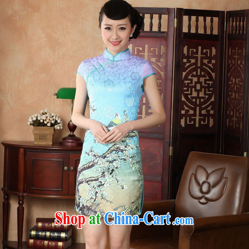 spend the summer new female cheongsam Chinese improved, for a tight flower basket hand-painted elegant antique dresses - A lake blue S