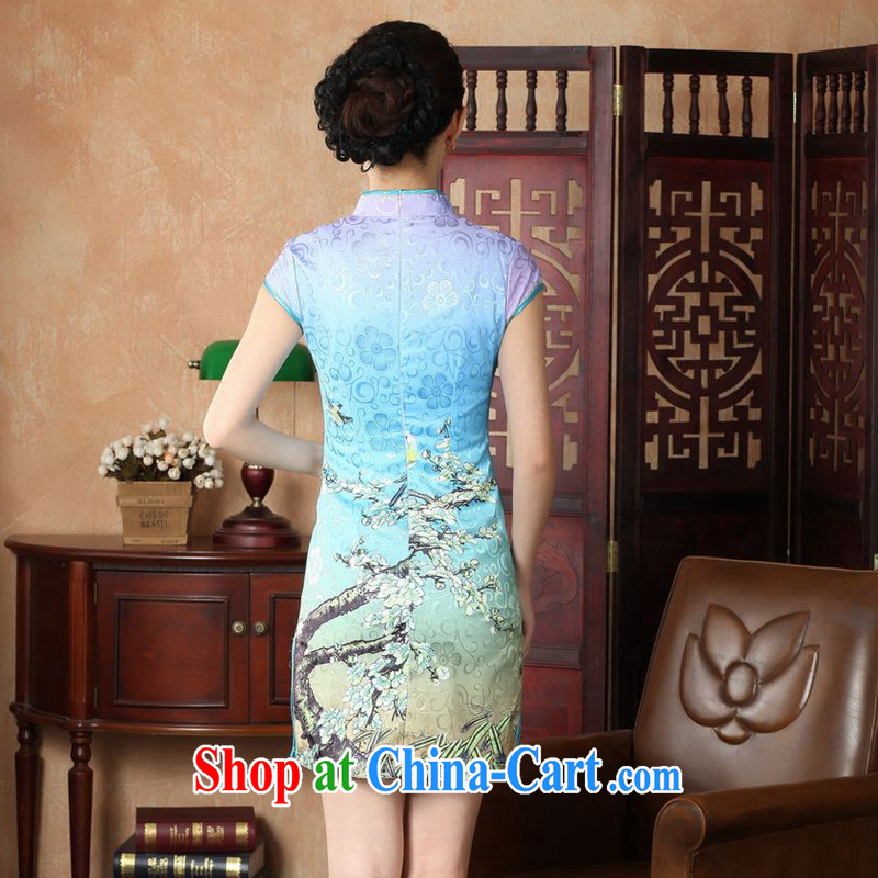 spend the summer with new female cheongsam Chinese improved, for the hard-pressed flower basket hand-painted elegant antique dresses - A lake blue S, figure, and shopping on the Internet