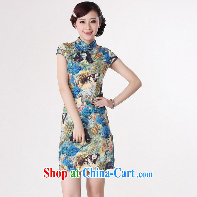 Take the 2014 summer new female Chinese qipao,Chinese improved, for the hard-pressed damask hand-painted figures short cheongsam blue 2 XL, figure, and shopping on the Internet