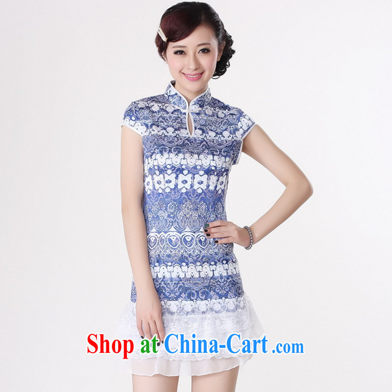 Take the 2014 summer new female Chinese qipao Chinese improved, for pure cotton hand-painted an elegant short cheongsam blue S, figure, shopping on the Internet