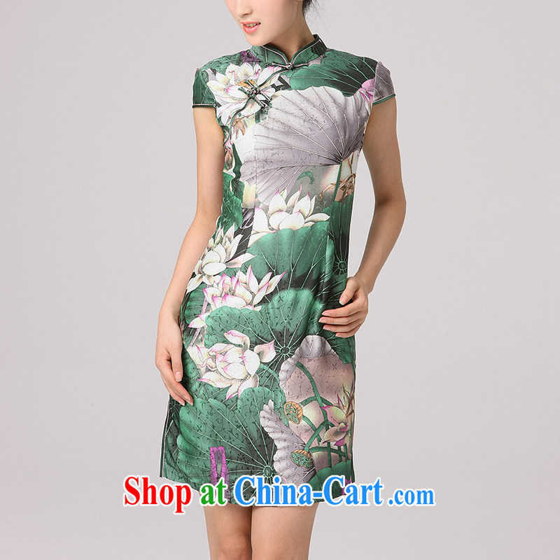 robes women 2014 summer new cheongsam dress improved retro stamp China wind robes sauna silk green XXL
