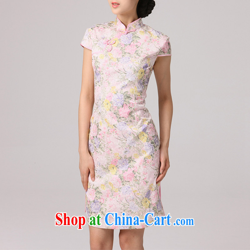 2014 summer dresses female-tang with improved national wind cultivating short-sleeved daily cheongsam dress floral fresh and elegant pink XXL