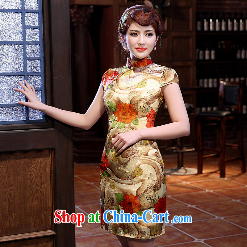 Dresses 2014 summer new retro stamp duty cultivating short-sleeve improved modern day National wind cheongsam dress and yellow XXL