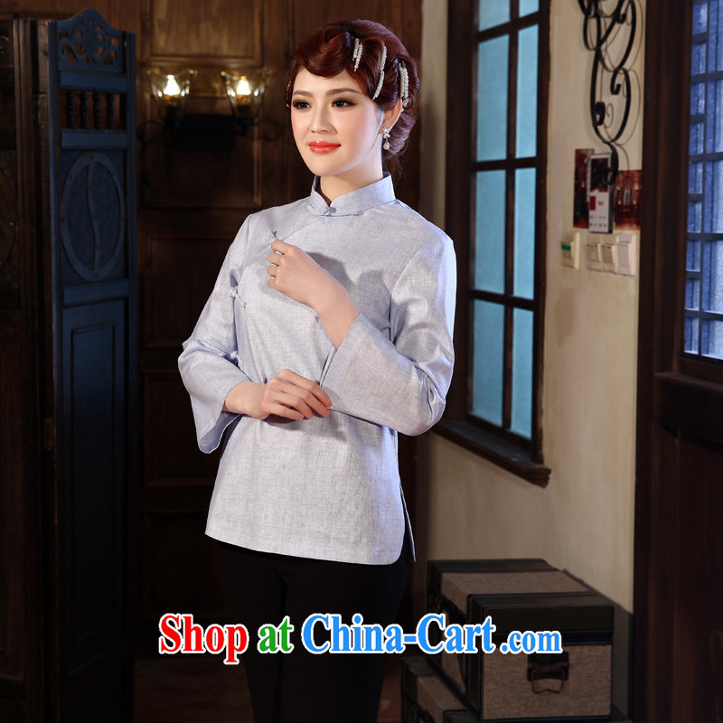 Dresses 2014 new units the Chinese long-sleeved Classic Ladies SPRING CHINESE improved solid-colored T-shirt elegance light blue 2 XL