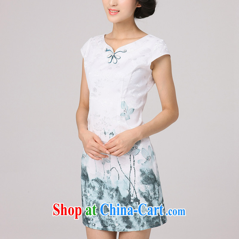 Dresses 2014 summer National wind antique cheongsam dress Chinese style lotus flower embroidery improved cheongsam dress white XXL