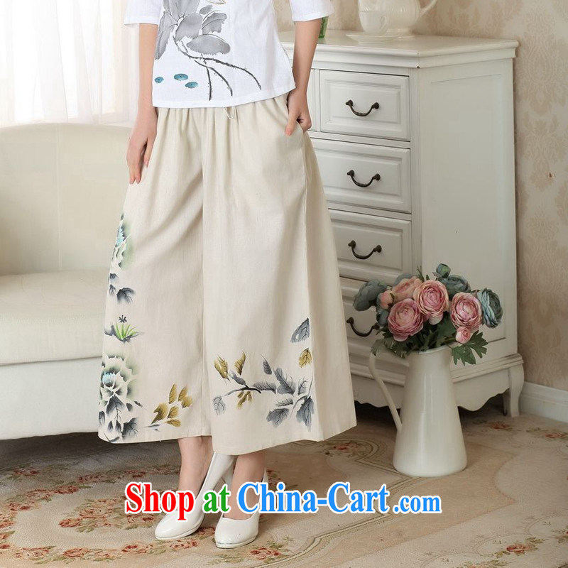 Take the 2014 new summer relaxed stylish Ethnic Wind girls pants hand-painted cotton the pants Wide Leg pants with short pants m yellow L, figure, and, shopping on the Internet