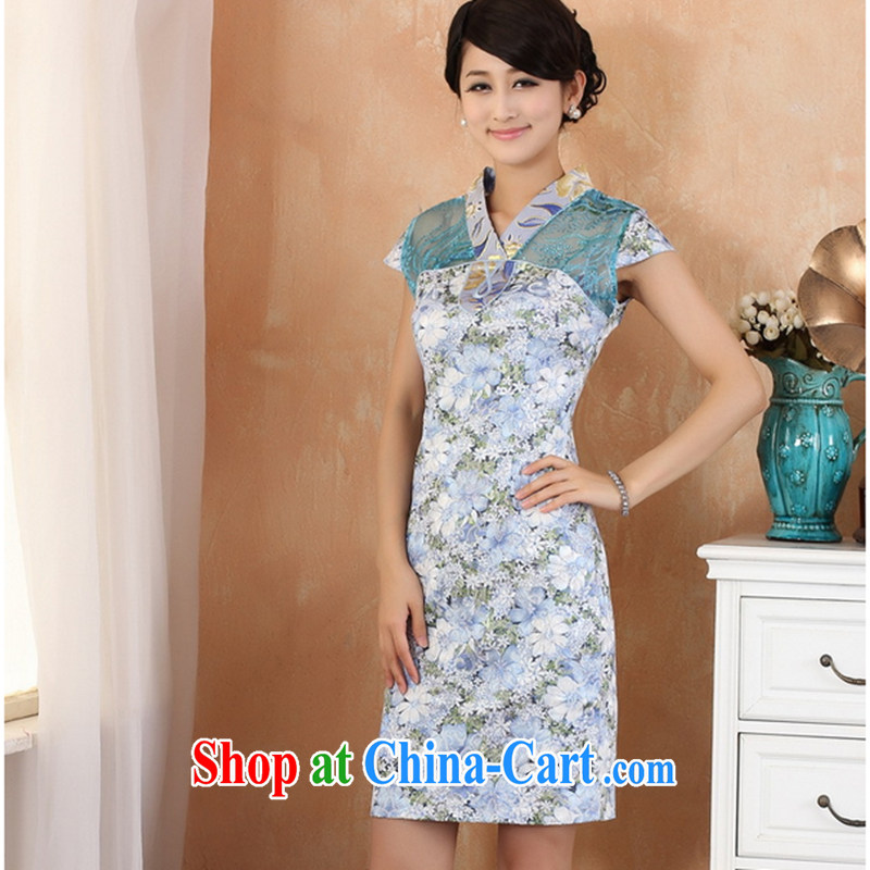 Take the 2014 new stylish summer female short-sleeved Chinese qipao V, for the hard-pressed Chinese improved jacquard dresses in blue L