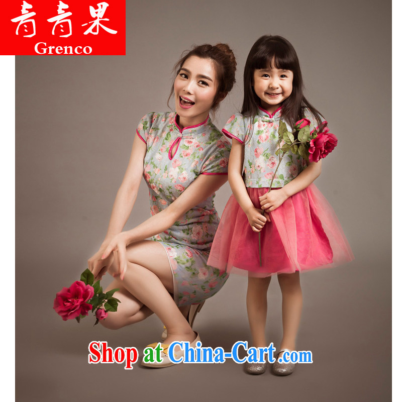 Green fruit 2014 ladies retro lace cheongsam mother and daughter sets the color kids M - 7-year-old, fruit (QINGGUO), shopping on the Internet