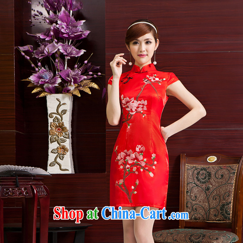 Rain Coat yet stylish Chinese improved cheongsam elegant Chinese style wedding bride toast serving upscale short MOM embroidered Chinese qipao QP 7061 red L, rain is still clothing, shopping on the Internet