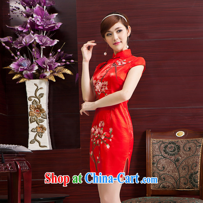 Rain Coat yet stylish Chinese improved cheongsam elegant Chinese style wedding bride toast serving upscale short MOM embroidered Chinese qipao QP 7061 red L, rain is still clothing, shopping on the Internet