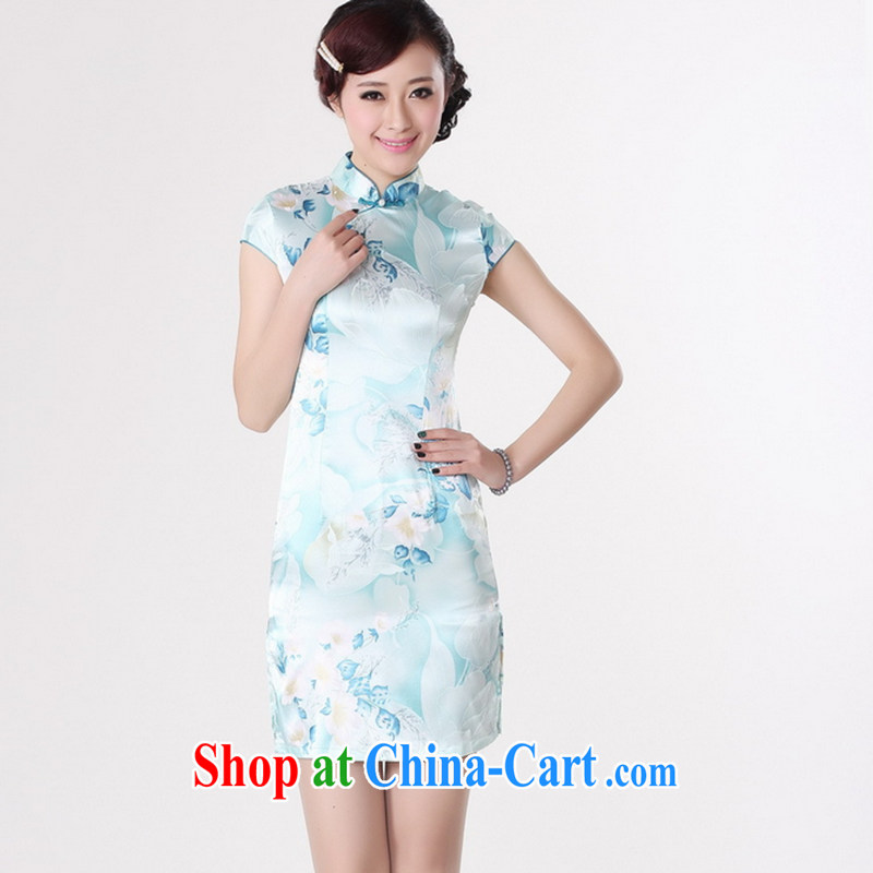Take the new cheongsam dress summer improved retro, for a tight silk hand-painted Chinese improved cheongsam dress short J 5132 light blue XL