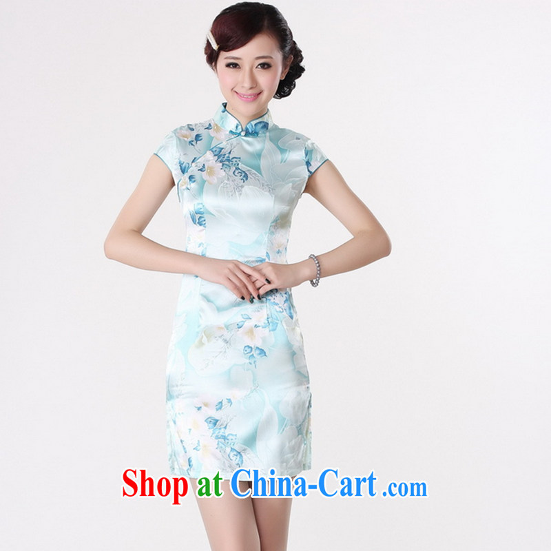 Take the new cheongsam dress summer improved retro, for a hard-pressed silk hand-painted Chinese improved cheongsam dress short J 5132 light blue XL, figure, and shopping on the Internet