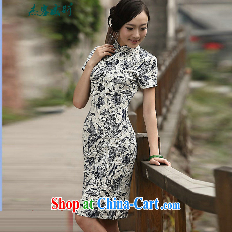 Jessup, new spring and summer women's clothing real-time a classic blue and white porcelain basket stamp duty the cultivation improved cotton the cheongsam dress VZ 898 blue and white porcelain cheongsam L