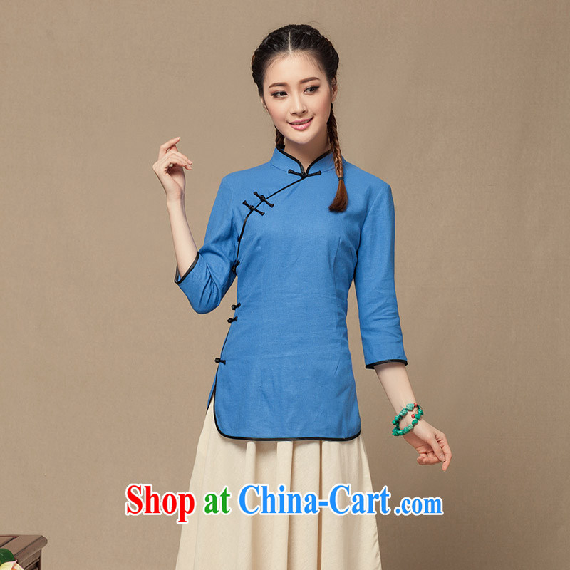 Summer 2015 new literary and artistic female Chinese Tang on cotton the T-shirt National wind, served 7 cuff cheongsam sky M, seal Yin Yue, shopping on the Internet