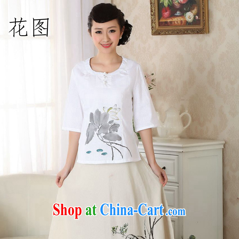 Take the new summer hand-painted dresses T-shirt cotton the linen Chinese Ethnic Wind girls T-shirt Tang with improved white XL, figure, and shopping on the Internet