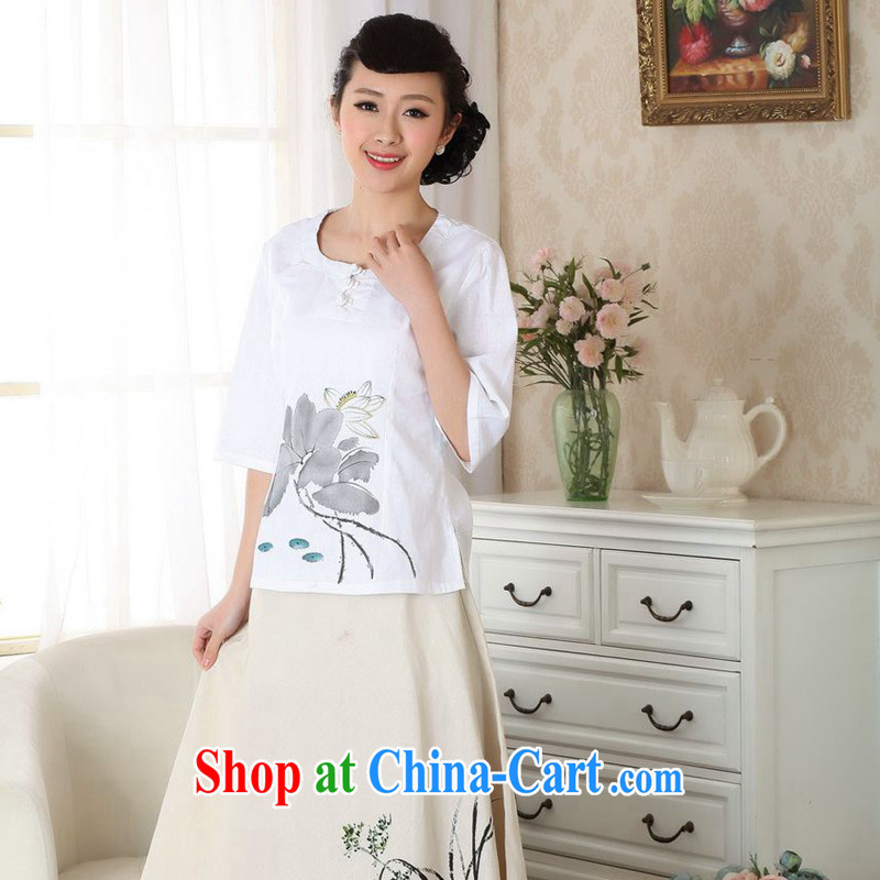 Take the new summer hand-painted dresses T-shirt cotton the linen Chinese Ethnic Wind girls T-shirt Tang with improved white XL, figure, and shopping on the Internet