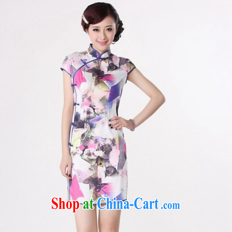 And Jing Ge cheongsam dress summer improved retro dresses, for a tight silk stamp Chinese improved cheongsam dress short white 2XL