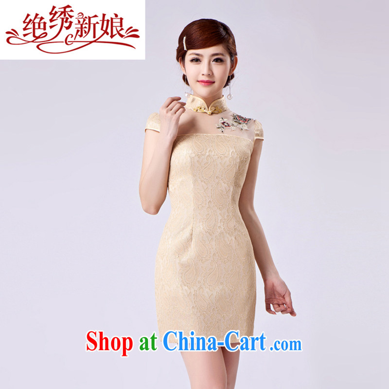 There is embroidery bridal 2014 new black sexy lace cheongsam dress short-sleeved dresses summer stylish retro dress QP - 396 golden M waist 2 feet 1