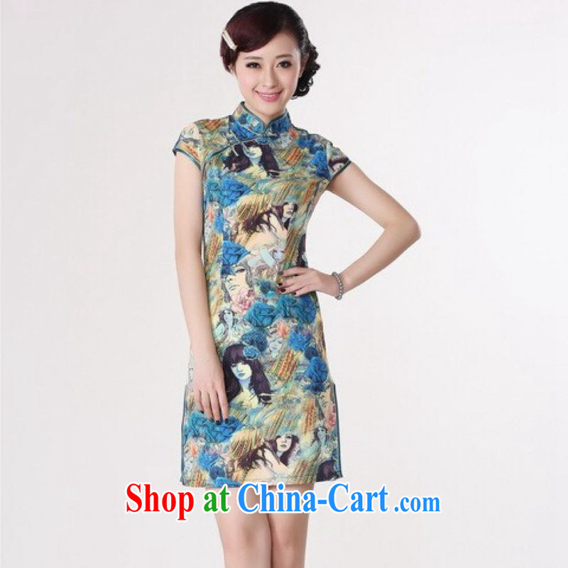 And Jing Ge dresses summer improved retro dresses up for a tight silk hand-painted Chinese improved cheongsam dress short blue 2 XL