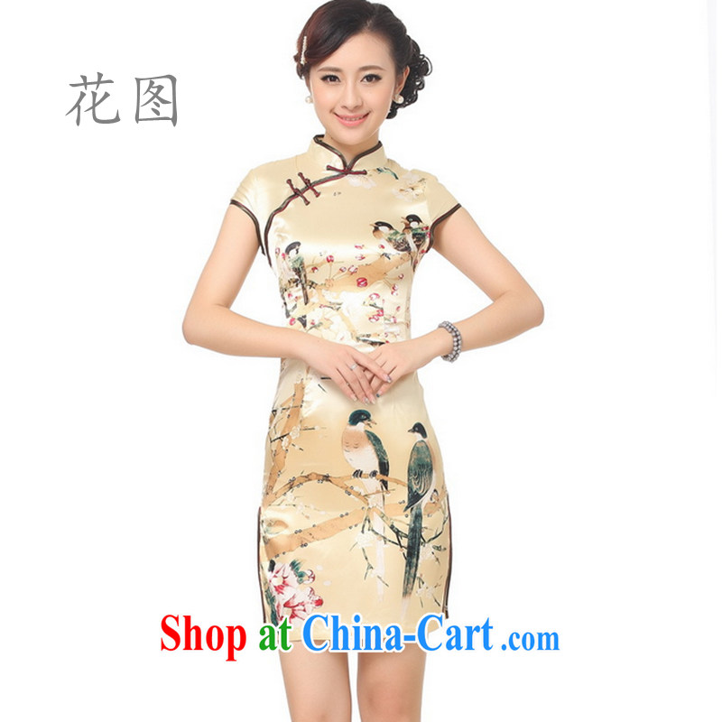 Take the new dresses girls summer, for a tight flower water ink printing and dyeing cheongsam golden XL