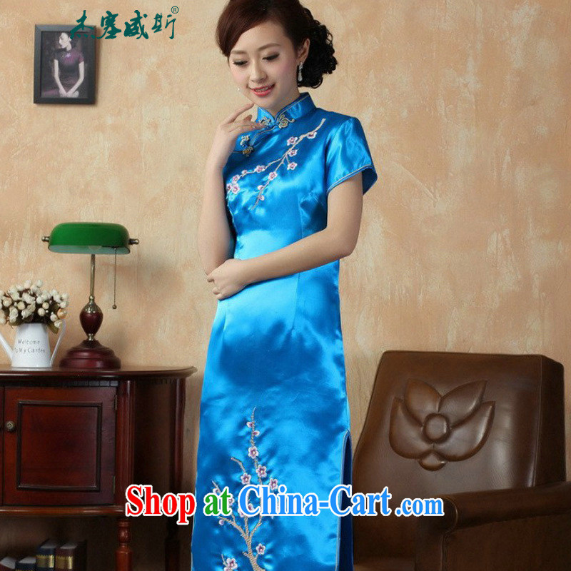 Jessup, new elegant and refined, for manually snap embroidered Phillips short-sleeved long cheongsam dress female J 3406 Lake blue XXXL, Jessup, qipao/Tang, and shopping on the Internet
