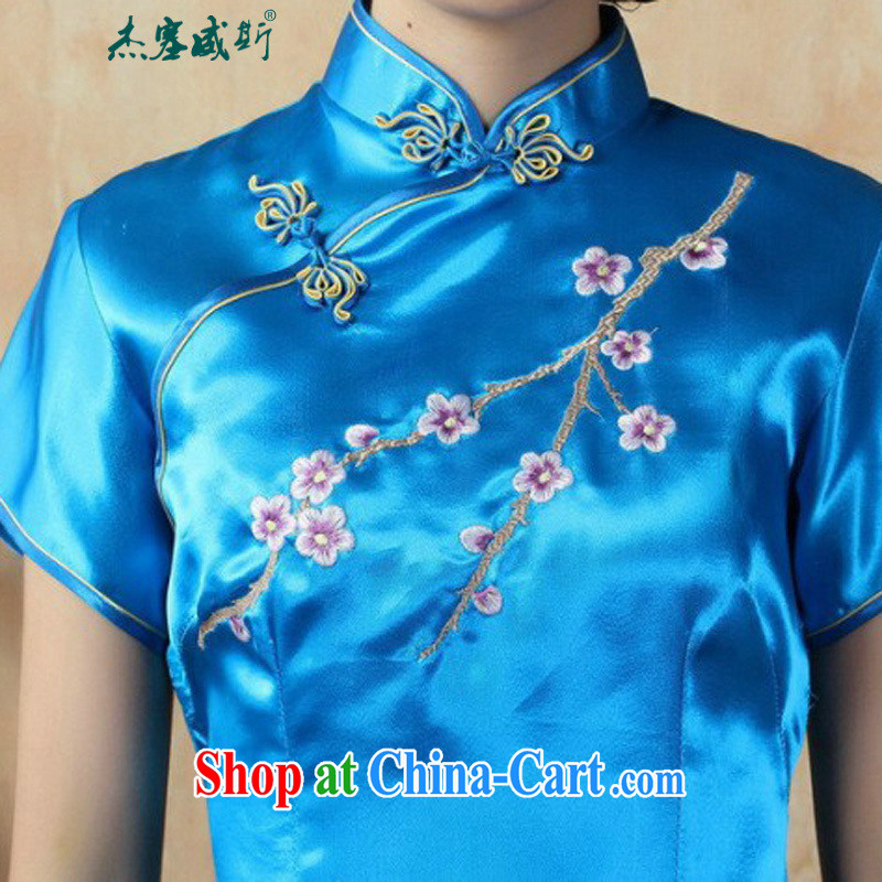 Jessup, new elegant and refined, for manually snap embroidered Phillips short-sleeved long cheongsam dress female J 3406 Lake blue XXXL, Jessup, qipao/Tang, and shopping on the Internet