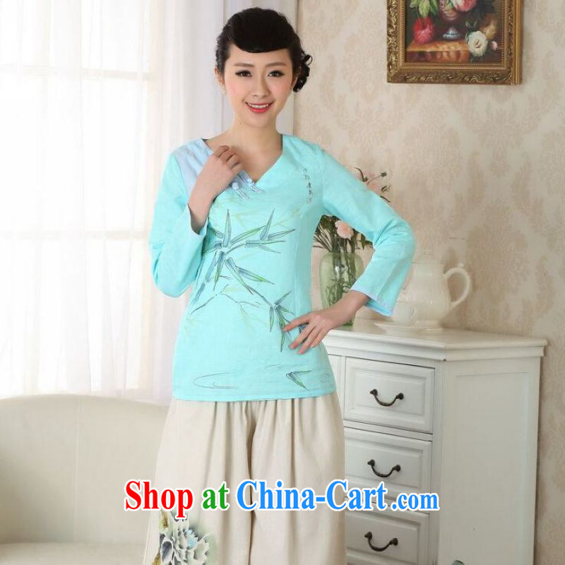 And Jing Ge female Tang Women's clothes summer T-shirt is a tight cotton Ma ethnic wind Chinese Han-female improved A 0059 blue 2 XL
