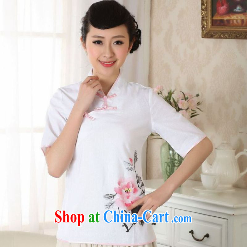 And Jing Ge female Tang Women's clothes summer T-shirt, for a tight hand-painted cotton the Chinese Han-female improved white 2XL