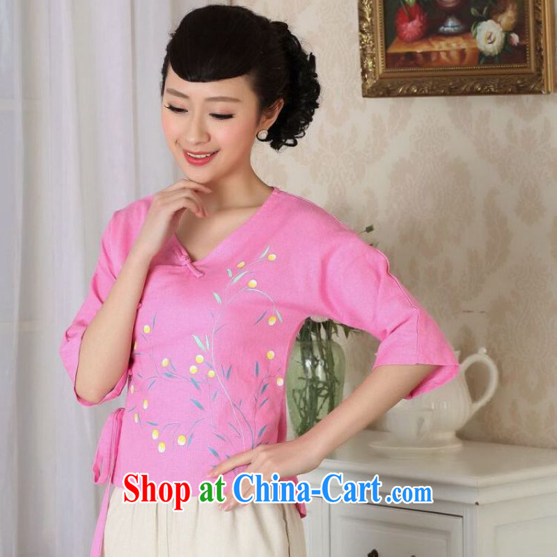 And Jing Ge female Tang Women's clothes summer T-shirt ethnic wind antique hand-painted Chinese Han-female improved deep pink 2 XL