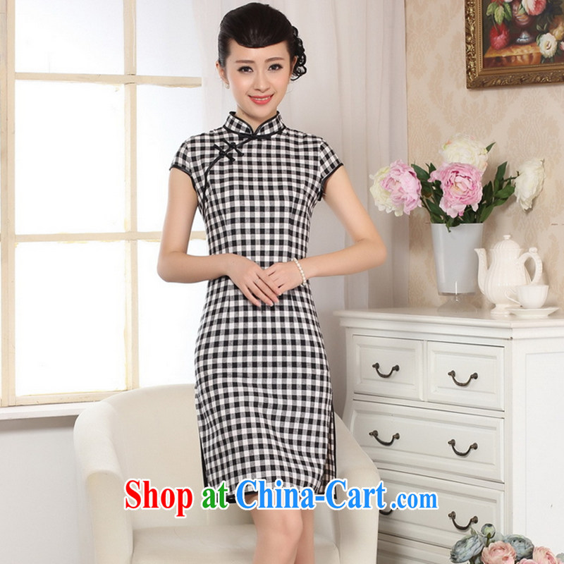 Take the cotton the retro checked short-sleeved qipao improved daily republic of linen girls summer dresses skirts - A White Haig L, spend figure, shopping on the Internet