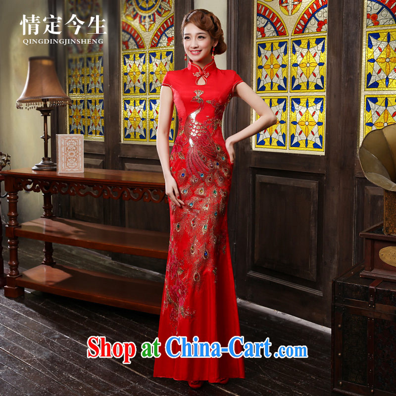 Love Life new 2015 cheongsam dress improved red Chinese Antique crowsfoot wedding dress long bridal toast serving red XXL